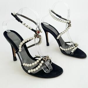 Vintage Dolce & Gabbana Black Pearl Bow Embellished Strappy Sandal Heels IT 38.5